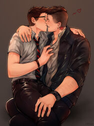 Rule 34 | 2boys, artist name, black hair, black jacket, black pants, closed eyes, collared shirt, couple, david king (dead by daylight), dead by daylight, dessa nya, dwight fairfield, glasses, grey shirt, highres, imminent kiss, jacket, male focus, multiple boys, neck tattoo, necktie, open clothes, open jacket, pants, shirt, short hair, simple background, sitting, sitting on lap, sitting on person, tattoo, watch, wristwatch, yaoi