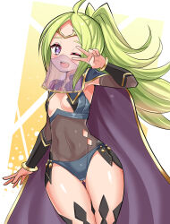 Rule 34 | 1girl, ahoge, alternate costume, armpits, black panties, blush, bracelet, breasts, cape, circlet, cleavage cutout, clothing cutout, commission, cougar (cougar1404), dark mage (fire emblem fates), detached sleeves, female focus, fire emblem, fire emblem awakening, fire emblem fates, green hair, jewelry, long hair, looking at viewer, navel, nintendo, nowi (fire emblem), one eye closed, open mouth, panties, ponytail, purple cape, purple eyes, see-through, see-through shirt, shiny skin, simple background, small breasts, smile, solo, teeth, tongue, underwear, upper teeth only, v, v over eye, veil