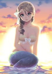 Rule 34 | 1girl, arm at side, arm support, artist name, backlighting, bikini, bikini top only, blonde hair, blue eyes, bow, braid, braided ponytail, breasts, cleavage, collarbone, earrings, gem, gradient sky, hair between eyes, hair bow, hair ornament, hand in lap, head tilt, jewelry, leaning, long hair, looking at viewer, medium breasts, mermaid, monster girl, navel, original, outdoors, parted lips, partially submerged, pearl (gemstone), pearl earrings, redrawn, revision, saharada, single braid, sitting, sky, solo, sunset, swimsuit, twilight, water, white bow