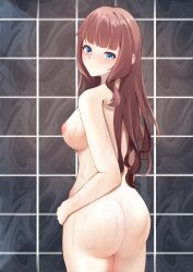 Rule 34 | 1girl, absurdres, ass, assault lily, bathroom, blue eyes, blunt bangs, breasts, brown hair, closed mouth, commentary, completely nude, cowboy shot, from behind, hand on own hip, highres, indoors, kaede johan nouvel, kaswen, large breasts, light smile, long hair, looking at viewer, looking back, nipples, nude, sidelocks, solo, standing, tile wall, tiles, wavy hair, wet