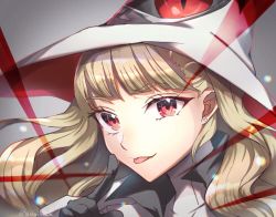 Rule 34 | 1girl, black gloves, blonde hair, closed mouth, earrings, eitri (fire emblem), female focus, finger to cheek, fire emblem, fire emblem heroes, gloves, hand up, happy, hat, highres, index finger raised, jewelry, looking at viewer, nintendo, red eyes, smile, solo, tongue, tongue out, white hat, witch, witch hat, youhei choregi