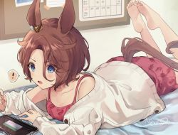 Rule 34 | !, 1girl, barefoot, blue eyes, blush, brown hair, bulletin board, calendar (object), cellphone, collarbone, commentary request, ear ornament, feet, feet up, hair between eyes, jacket, kanaiko, lying, narita taishin (umamusume), off shoulder, on bed, on stomach, open clothes, open jacket, open mouth, phone, pink skirt, pink tank top, short hair, skirt, smartphone, soles, solo, spoken exclamation mark, tank top, umamusume, white jacket