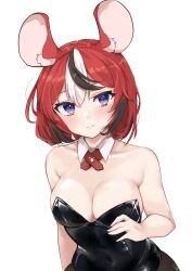 Rule 34 | 1girl, alternate hairstyle, animal ears, blue eyes, breasts, covered navel, detached collar, hakos baelz, highres, hirasawa izumi, hololive, hololive english, large breasts, leotard, mouse ears, multicolored hair, pantyhose, playboy bunny, red hair, smile, streaked hair, virtual youtuber, white background