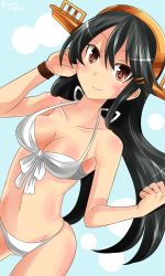 Rule 34 | 10s, 1girl, alternate costume, bare shoulders, bikini, black hair, breasts, cleavage, collarbone, commentary request, front-tie bikini top, front-tie top, hairband, haruna (kancolle), headgear, hebitsukai-san, highres, kantai collection, looking at viewer, medium breasts, navel, red eyes, solo, swimsuit, white bikini