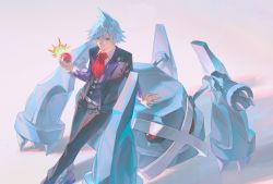 Rule 34 | 1boy, absurdres, arm support, bakutiku, black jacket, blue hair, closed mouth, collared shirt, creatures (company), game freak, gen 3 pokemon, highres, holding, holding poke ball, jacket, leaning, long sleeves, male focus, metagross, necktie, nintendo, pants, poke ball, poke ball (basic), pokemon, pokemon (creature), pokemon oras, red necktie, shirt, shoes, short hair, spiked hair, steven stone, vest, white shirt