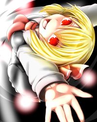 Rule 34 | 1girl, arms up, ascot, bad id, bad pixiv id, blonde hair, colored eyelashes, darkness, fangs, female focus, hair ribbon, haseru (ginku mh), highres, long sleeves, looking back, looking up, open hand, open m/, open mouth, red eyes, ribbon, rumia, short hair, skirt, skirt set, smile, solo, touhou