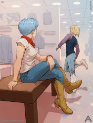 Rule 34 | 2girls, absurdres, adjusting footwear, android 18, azizdraws, blonde hair, blue hair, boots, bracelet, brown footwear, bulma, clothes shop, dragon ball, dragon ball super, ear piercing, highres, jewelry, looking at another, multiple girls, piercing, red scarf, scarf, short hair, sitting, white footwear