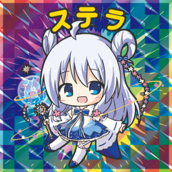 Rule 34 | 1girl, :d, ahoge, bikkuriman (style), blue bow, blue dress, blue eyes, blue footwear, blush, bow, character name, chibi, detached sleeves, dress, flower knight girl, full body, hair between eyes, hair bow, hair rings, holding, holding wand, long hair, long sleeves, open mouth, parody, ri-net, ribbon-trimmed sleeves, ribbon trim, shoes, silver hair, smile, solo, striped, striped bow, sutera (flower knight girl), thighhighs, very long hair, wand, white sleeves, white thighhighs, wide sleeves