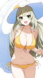 Rule 34 | 1girl, :d, bare arms, bare shoulders, bikini, blonde hair, blue archive, breasts, cleavage, collarbone, cowboy shot, front-tie bikini top, front-tie top, green eyes, halterneck, hat, highres, large breasts, navel, nishino eri, nonomi (blue archive), nonomi (swimsuit) (blue archive), open mouth, side-tie bikini bottom, smile, solo, standing, stomach, string bikini, sun hat, swimsuit, thigh gap, thighs, white hat, yellow bikini