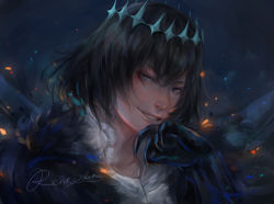 Rule 34 | 1boy, absurdres, artist name, black hair, blue eyes, cape, cloak, closed mouth, collared shirt, commentary, crown, fate/grand order, fate (series), fur-trimmed cape, fur-trimmed cloak, fur trim, hand on own chin, highres, light smile, looking at viewer, oberon (fate), oberon (third ascension) (fate), renrenka noi, shirt, short hair, signature, solo, spoilers, upper body, white shirt