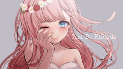 Rule 34 | 1girl, absurdres, artist request, blue eyes, crying, crying with eyes open, dress, grey background, head wreath, highres, just be friends (vocaloid), lips, long hair, megurine luka, nail polish, nose, one eye closed, solo, strapless, strapless dress, tears, upper body, vocaloid, white dress