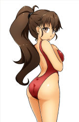 Rule 34 | 1girl, alto-00, ass, breasts, brown eyes, brown hair, long hair, looking back, one-piece swimsuit, ponytail, red one-piece swimsuit, solo, swimsuit, taneshima popura, working!!