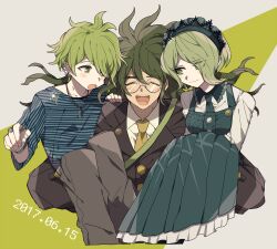 1girl 2boys ahoge amami_rantaro antenna_hair blonde_hair blush brown_hair brown_jacket brown_pants brown_suit carrying carrying_person collarbone collared_jacket collared_shirt commentary danganronpa_(series) danganronpa_v3:_killing_harmony dated dress ear_piercing earrings eyelashes formal_clothes glasses gokuhara_gonta green_eyes green_hair hair_between_eyes hair_over_one_eye hairband happy highres jacket jewelry lace-trimmed_hairband lace_trim long_hair long_sleeves mea-miyu messy_hair multiple_boys multiple_piercings necklace necktie open_mouth pants piercing round_eyewear shirt short_hair simple_background smile spider_web_print striped_clothes striped_shirt suit tojo_kirumi white_shirt