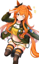 Rule 34 | 1girl, :p, blush, bomber jacket, boots, collarbone, commentary request, highres, horse girl, jacket, kashmir 0808, looking at viewer, mayano top gun (umamusume), midriff, navel, one eye closed, orange eyes, orange hair, salute, simple background, solo, thighhighs, tongue, tongue out, umamusume, white background