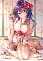 Rule 34 | 1girl, = =, animal, blush, boar, bow, breasts, brown eyes, chinese zodiac, closed mouth, collarbone, commentary request, ema, closed eyes, fingernails, floral print, flower, full body, hair bow, hair flower, hair ornament, head tilt, highres, holding, indoors, japanese clothes, kimono, kneeling, large breasts, long hair, long sleeves, looking at viewer, nail polish, nanami yuuno, no shoes, obi, original, pink kimono, pink nails, print kimono, purple hair, red bow, red flower, sash, sitting, socks, solo, sousouman, tabi, tongue, tongue out, wariza, white socks, wide sleeves, year of the pig