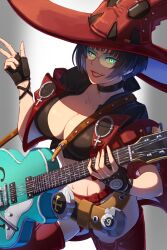 Rule 34 | 1girl, black hair, breasts, cleavage, electric guitar, fingerless gloves, gloves, green-tinted eyewear, green eyes, guilty gear, guilty gear strive, guitar, hat, highres, i-no, instrument, kamata (etoileazuki), large breasts, long sleeves, looking at viewer, mole, mole above mouth, navel, red footwear, red headwear, red leather, red lips, short hair, smile, sunglasses, tinted eyewear, venus symbol, witch hat