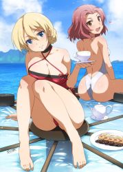 Rule 34 | 10s, 2girls, afloat, ass, backless outfit, bare back, bare shoulders, barefoot, blonde hair, blue eyes, blue sky, braid, breasts, brown eyes, casual one-piece swimsuit, cleavage, cloud, collarbone, cookie, cup, darjeeling (girls und panzer), day, feet, food, french braid, girls und panzer, heart, inflatable raft, inue shinsuke, large breasts, legs, looking at viewer, looking back, mountain, multiple girls, ocean, one-piece swimsuit, open mouth, outdoors, plate, red hair, red one-piece swimsuit, rosehip (girls und panzer), saucer, short hair, shoulder blades, sky, smile, swimsuit, teacup, teapot, thighs, thumbprint cookie, toes, water, white one-piece swimsuit