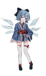 Rule 34 | 1girl, absurdres, alternate costume, black ribbon, blue eyes, blue hair, circled 9, cirno, highres, ice, ice wings, reddizen, ribbon, short hair, simple background, smile, solo, touhou, white background, wings