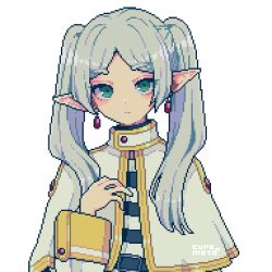Rule 34 | 1girl, belt, capelet, commentary, earrings, elf, frieren, green eyes, hair over shoulder, highres, jewelry, kyua moto, pixel art, pointy ears, simple background, solo, sousou no frieren, twintails, white background, white capelet