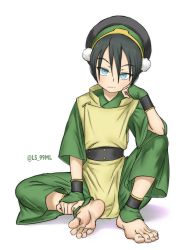 Rule 34 | 1girl, absurdres, avatar: the last airbender, avatar legends, barefoot, black hair, blind, child, closed mouth, feet, female focus, foot focus, highres, looking at viewer, short hair, sitting, soles, solo, toph bei fong, tsukimaru (ls 99ml), white background