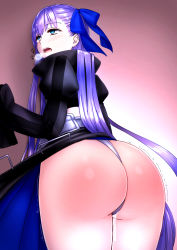 Rule 34 | 1girl, against wall, akahige, ass, blue eyes, blush, bow, breath, fate/grand order, fate (series), from behind, hair bow, hair ribbon, heavy breathing, highres, huge ass, long hair, long sleeves, looking at viewer, meltryllis (fate), open mouth, purple hair, pussy juice, ribbon, shiny skin, solo, spanked, tears, thong, trembling, very long hair