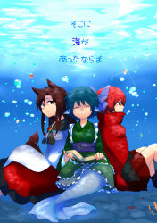 Rule 34 | 3girls, animal ears, ankle boots, blue background, blue hair, book, boots, bow, brooch, brown hair, bubble, cape, closed eyes, comic, cover, cover page, dress, expressionless, facing away, facing viewer, fins, glint, hair bow, head fins, highres, imaizumi kagerou, japanese clothes, jewelry, kimono, layered dress, long hair, looking at viewer, mermaid, monster girl, multiple girls, obi, open book, profile, red cape, red eyes, red hair, red skirt, sash, sekibanki, shawl, shikushiku (amamori weekly), short hair, sitting, skirt, smile, tail, touhou, underwater, wakasagihime, wolf ears, wolf tail