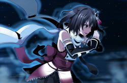 Rule 34 | 1girl, aura, bare shoulders, breasts, brown eyes, brown hair, commentary request, elbow gloves, fingerless gloves, from side, gloves, glowing, hair ornament, kantai collection, medium breasts, night, night sky, ninja slayer, okuba, open mouth, own hands together, parody, ribbon, scarf, school uniform, sendai (kancolle), sendai kai ni (kancolle), serafuku, short hair, sideboob, skirt, sky, sleeveless, solo, star (symbol), two side up, white scarf, wind