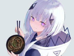 Rule 34 | 1girl, black shirt, bowl, cevio, chopsticks, closed mouth, commentary request, food, grey background, grey hair, hair ornament, holding, holding bowl, holding chopsticks, hood, hood down, hooded jacket, jacket, kafu (cevio), kamitsubaki studio, looking at viewer, looking to the side, poono, purple eyes, shirt, simple background, smile, solo, white jacket