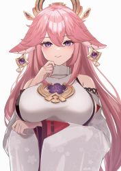 Rule 34 | 1girl, animal ears, arm under breasts, bare shoulders, blush, bow, breast hold, breasts, closed mouth, detached sleeves, earrings, ebipote3, floppy ears, floral print, fox ears, genshin impact, hair bow, hair ornament, highres, japanese clothes, jewelry, large breasts, long hair, looking at viewer, nontraditional miko, pink hair, purple eyes, simple background, sleeveless, smile, solo, turtleneck, upper body, white background, wide sleeves, yae miko