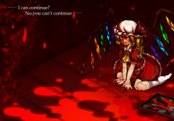 Rule 34 | 1girl, aidumi, bad id, bad pixiv id, blonde hair, blood, english text, female focus, flandre scarlet, hat, red eyes, sitting, solo, embodiment of scarlet devil, touhou, wariza, wings