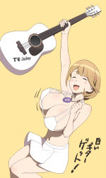 Rule 34 | 10s, 1girl, arm up, blush stickers, breasts, brown background, brown hair, cleavage, closed eyes, female focus, guitar, hair ornament, hairclip, heart, heart hair ornament, huge breasts, instrument, large breasts, meow (nekodenki), midriff, narusawa ryouka, navel, occultic;nine, short hair, simple background, skirt, smile, solo, thighs, translated
