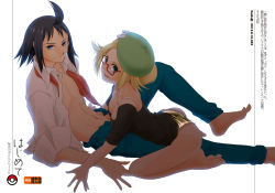 Rule 34 | 1boy, 1girl, ahoge, akosan, all fours, arm support, ass, barefoot, beret, bianca (pokemon), black eyes, black hair, black shirt, blonde hair, blue pants, bow, bra, breasts, cheren (pokemon), cleavage, collarbone, creatures (company), dated, downblouse, feet, frilled panties, frills, full body, game freak, glasses, green eyes, green headwear, green panties, hat, hat bow, leaning back, looking at viewer, matching hair/eyes, medium breasts, navel, nintendo, no panties, open clothes, open fly, open mouth, open shirt, panties, pants, pokemon, pokemon bw2, red-framed eyewear, red neckwear, shirt, short hair, short sleeves, simple background, sitting, smile, straddling, text focus, toes, translation request, underwear, white background, white bow, white bra, white shirt
