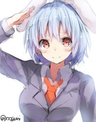 Rule 34 | 1girl, animal ears, arm up, blue hair, blush, colorized, jacket, long sleeves, looking at viewer, necktie, rabbit ears, red eyes, reisen, salute, short hair, simple background, sketch, smile, solo, touhou, twitter username, upper body, vest, white background, wowoguni