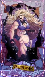 Rule 34 | abs, absurdres, big hair, blonde hair, boots, breasts, cleavage, cleavage cutout, clothing cutout, crop top, cutoffs, destruction, evil smile, fingerless gloves, gloves, heterochromia, highres, hole in wall, jamrolypoly, long hair, medium breasts, midriff, muscular, muscular female, no pupils, olverse, open mouth, original, red eyes, short shorts, shorts, sleeveless, smile, thick thighs, thighs, very long hair, yellow eyes