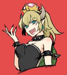 Rule 34 | 1girl, armlet, artist request, bad id, bad twitter id, bare shoulders, blonde hair, blue eyes, bowsette, bracelet, breasts, cleavage, collar, cropped torso, crown, fingernails, horns, jewelry, mario (series), medium breasts, nintendo, open mouth, pointy ears, red background, sharp fingernails, simple background, smile, solo, spiked armlet, spiked bracelet, spikes, super crown, upper body