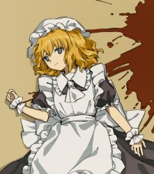 Rule 34 | 1girl, ambiguous red liquid, apron, ascot, back bow, black dress, blonde hair, bow, cleaning maid (touhou), closed mouth, collared dress, dress, flat chest, frilled dress, frilled sleeves, frills, grey eyes, happy, hat, kaigen 1025, lying, maid apron, mob cap, on back, on floor, portrait of exotic girls, puffy short sleeves, puffy sleeves, short hair, short sleeves, smile, touhou, waist bow, white apron, white ascot, white hat, wrist cuffs