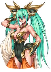 Rule 34 | 1girl, aqua hair, armlet, artist request, bare shoulders, benten (cho aniki), blue eyes, bracer, breasts, cho aniki, cho aniki zero, covered navel, cropped legs, earrings, green hair, hand in own hair, hand on own hip, harem pants, headgear, highres, jewelry, large breasts, leotard, lips, long hair, magatama, necklace, nose, official art, pants, pearl necklace, pointy ears, smile, solo, twintails