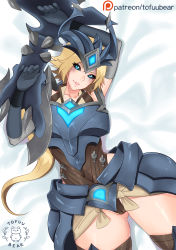 Rule 34 | 1girl, absurdres, alternate costume, alternate hair color, arm up, armor, armored boots, artist name, bed sheet, black sclera, blonde hair, blue eyes, blue gloves, boots, breastplate, brown thighhighs, cameltoe, championship shyvana, collarbone, colored sclera, dragon girl, elbow gloves, eyelashes, faulds, from above, gauntlets, gloves, hand up, highleg, highleg leotard, highres, league of legends, leotard, long hair, looking at viewer, lying, on back, on bed, parted bangs, parted lips, patreon username, ponytail, scales, shyvana, slit pupils, smile, solo, teeth, thighhighs, thighs, tofuubear