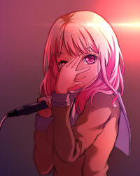 Rule 34 | 1girl, bang dream!, closed mouth, gradient background, hanasakigawa school uniform, hand on own face, head tilt, highres, holding, holding microphone, light, long sleeves, looking at viewer, maruyama aya, medium hair, microphone, parody, pink eyes, pink hair, ptal, purple background, sailor collar, school uniform, sleeve cuffs, smile, solo, standing, tareme, upper body