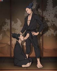 Rule 34 | 2boys, age difference, barefoot, black hair, erection, evil grin, evil smile, facial hair, family, father and son, feet, fellatio, full body, gnin, grin, hand on head, incest, male focus, multiple boys, muscular, nara shikamaru, oral, penis, sitting, smile, smirk, toes, undressing, yaoi