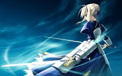 Rule 34 | 1girl, armor, armored dress, artist request, artoria pendragon (fate), blonde hair, caliburn (fate), dress, dual wielding, excalibur (fate/stay night), fate/stay night, fate (series), faulds, glowing, glowing sword, glowing weapon, green eyes, holding, saber (fate), solo, sword, wallpaper, weapon