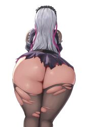 Rule 34 | 1girl, ass, ass focus, black skirt, eternity (last origin), from behind, grey hair, hairband, highres, last origin, long hair, long sleeves, multicolored hair, narodenden, no panties, pink hair, simple background, skirt, solo, standing, thighhighs, torn clothes, torn skirt, two-tone hair, very long hair, white background