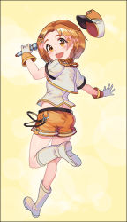 Rule 34 | 1girl, :d, blush, boots, brown eyes, fortissimo, full body, gloves, hair ornament, holding, holding microphone, idolmaster, idolmaster cinderella girls, marching melodies, microphone, musical note, musical note hair ornament, open mouth, orange background, orange shorts, paintale, ryuzaki kaoru, short hair, shorts, simple background, smile, standing, standing on one leg, white footwear, white gloves