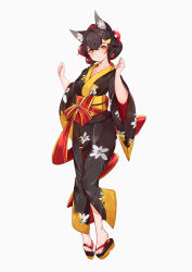 Rule 34 | 1girl, adapted costume, alternate costume, animal ear fluff, animal ears, black footwear, black hair, black kimono, blush, breasts, closed mouth, commentary, eyelashes, floral print, full body, geta, grey background, hair between eyes, hair ornament, highres, hololive, japanese clothes, kimono, long hair, looking at viewer, majo (pastamajo), medium breasts, multicolored hair, obi, ookami mio, red hair, sash, simple background, solo, streaked hair, two-tone hair, virtual youtuber, wide sleeves, wolf ears, yellow eyes