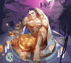 Rule 34 | 1boy, abs, bara, bird, candle, censored, crow, elec bobo, closed eyes, fate/grand order, fate (series), fergus mac roich (fate), full body, halloween, halloween costume, highres, jack-o&#039;-lantern, large pectorals, looking at viewer, male focus, medjed (fate), muscular, nipples, pectorals, pumpkin, purple hair, scar, skull, smile, solo, tattoo, tongue
