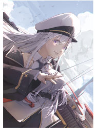 Rule 34 | absurdres, azur lane, bird, black jacket, blue sky, breasts, buttons, closed mouth, cloud, collared shirt, commentary, english commentary, enterprise (azur lane), flock, grey hair, hat, highres, jacket, kun (user afpk2585), large breasts, light smile, long hair, looking at viewer, outdoors, peaked cap, purple eyes, rigging, shirt, sky, swept bangs, very long hair, white shirt