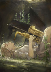 Rule 34 | 1girl, blonde hair, closed eyes, grand piano, highres, instrument, lying, on back, original, overgrown, piano, profile, saxophone, short hair, solo, tori (qqqt)