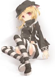 Rule 34 | 1girl, animal ears, bad id, bad pixiv id, blonde hair, casual, cat ears, character request, copyright request, hat, highres, red eyes, sakurea, short hair, sitting, smile, solo, striped clothes, striped thighhighs, thighhighs
