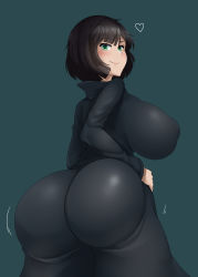 Rule 34 | 1girl, alternate breast size, ass, black hair, breasts, dress, fubuki (one-punch man), green eyes, hand on own hip, heart, highres, huge ass, huge breasts, impossible clothes, impossible dress, looking at viewer, looking back, one-punch man, short hair, simple background, sinensian, smile