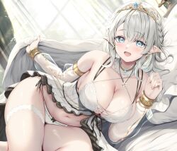 Rule 34 | 1girl, bed, bikini, blanket, blue eyes, braid, breasts, cleavage, commentary request, dress, elf, large breasts, navel, original, panties, pointy ears, see-through, smile, solo, stomach, swimsuit, thick thighs, thighhighs, thighs, tomoo (tomo), underwear, white bikini, white dress, white hair, white panties, white thighhighs